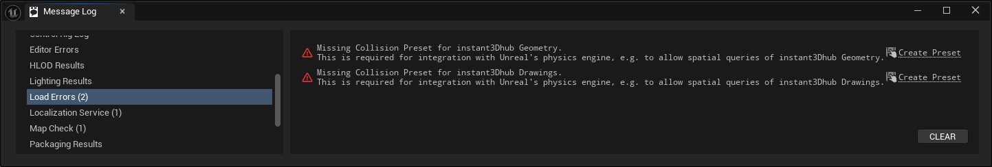 Message Log informing about Missing Collision Profile with Quick Action to Add Collision Profile entry to DefaultEngine.ini